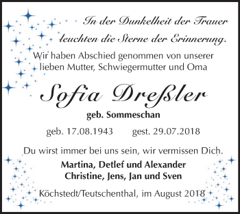 Traueranzeige von Sofia Dreßler von Mitteldeutsche Zeitung Halle/Saalkreis