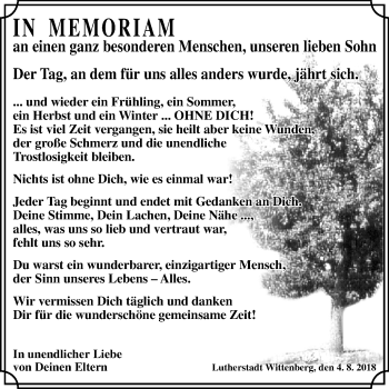 Traueranzeige von In Memoriam an unseren Sohn  von Mitteldeutsche Zeitung