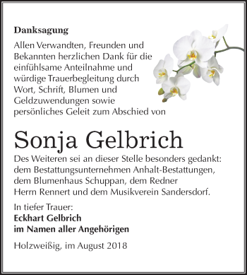 Traueranzeige von Sonja Gelbrich von Mitteldeutsche Zeitung Bitterfeld