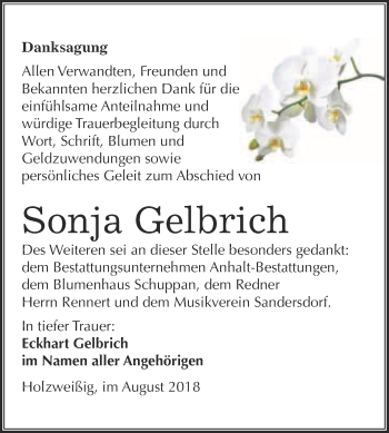 Traueranzeige von Sonja Gelbrich von WVG - Wochenspiegel Bitterfeld