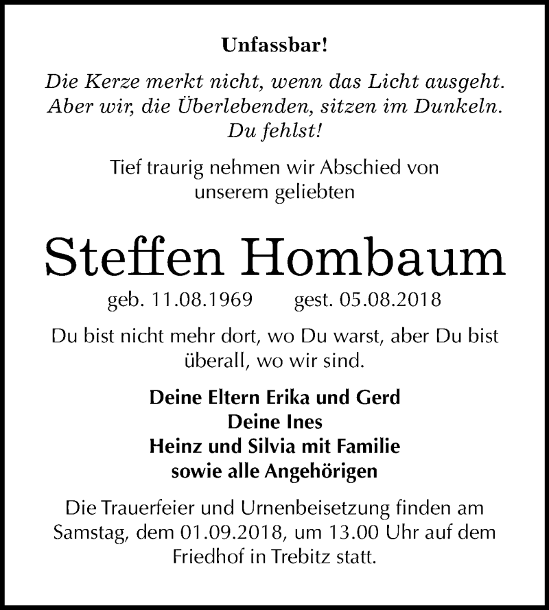  Traueranzeige für Steffen Hombaum vom 18.08.2018 aus Mitteldeutsche Zeitung
