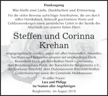 Traueranzeige von Steffen und Corinna Krehan von WVG - Wochenspiegel Bitterfeld