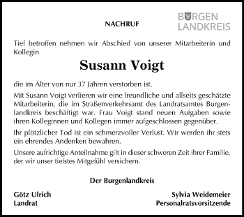 Traueranzeige von Susann Voigt von Mitteldeutsche Zeitung Weißenfels