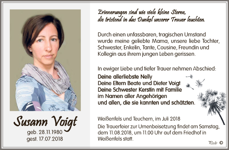  Traueranzeige für Susann Voigt vom 01.08.2018 aus WVG - Wochenspiegel NMB / WSF / ZTZ