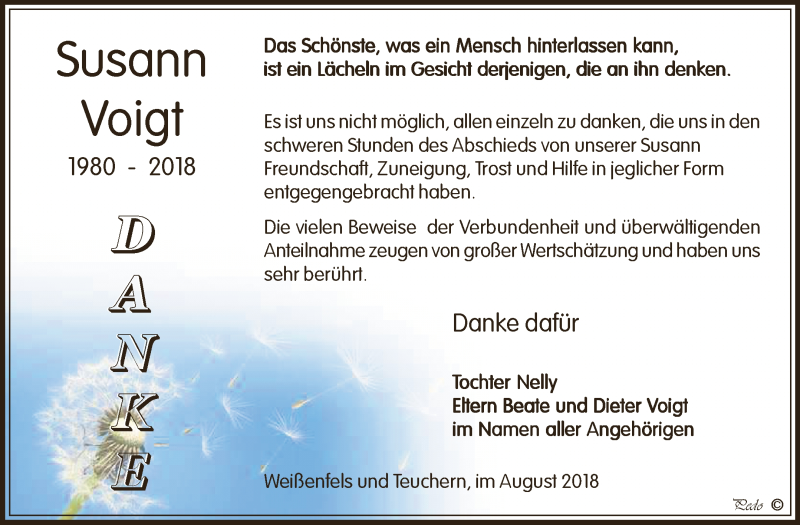  Traueranzeige für Susann Voigt vom 22.08.2018 aus WVG - Wochenspiegel NMB / WSF / ZTZ