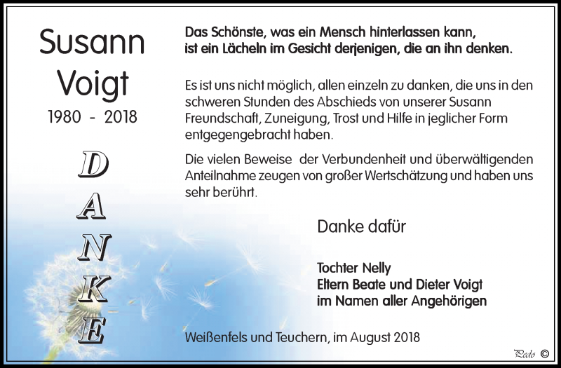  Traueranzeige für Susann Voigt vom 18.08.2018 aus Mitteldeutsche Zeitung Weißenfels