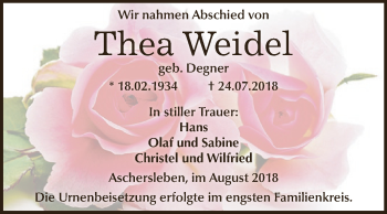 Traueranzeige von Thea Weidel von Super Sonntag Aschersleben