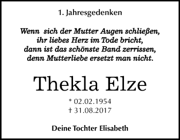 Traueranzeige von Thekla Elze von Mitteldeutsche Zeitung Köthen