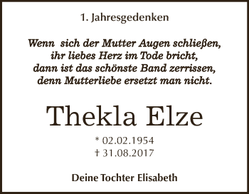 Traueranzeige von Thekla Elze von WVG - Wochenspiegel Dessau / Köthen