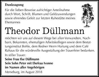 Traueranzeige von Theodor Düllmann von Mitteldeutsche Zeitung Merseburg/Querfurt