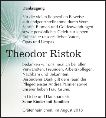Traueranzeige von Theodor Ristok von Mitteldeutsche Zeitung