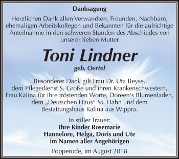 Traueranzeige von Toni Lindner von Mitteldeutsche Zeitung