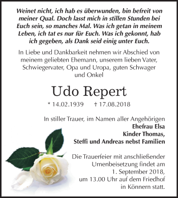 Traueranzeige von Udo Repert von Mitteldeutsche Zeitung Bernburg
