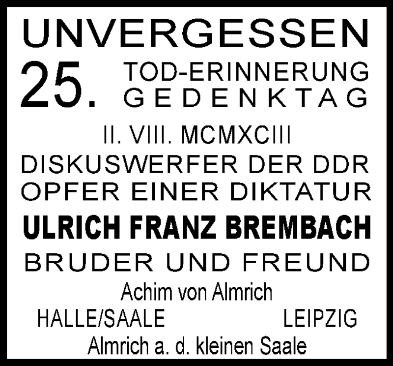  Traueranzeige für Ulrich Franz Brembach vom 09.08.2018 aus Mitteldeutsche Zeitung