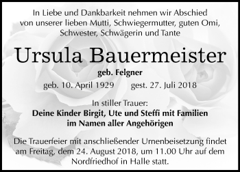 Traueranzeige von Ursula Bauermeister von Mitteldeutsche Zeitung Halle/Saalkreis