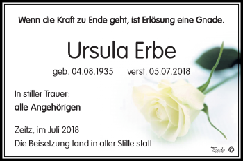 Traueranzeige von Ursula Erbe von Mitteldeutsche Zeitung Zeitz
