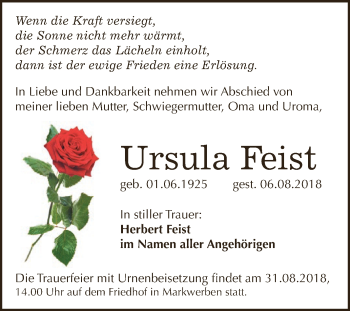 Traueranzeige von Ursula Feist von WVG - Wochenspiegel NMB / WSF / ZTZ