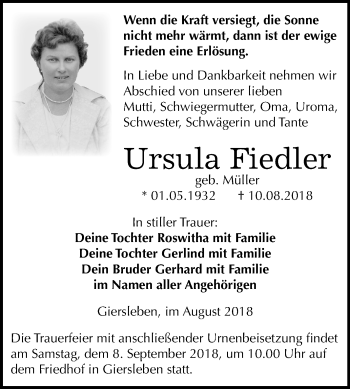 Traueranzeige von Ursula Fiedler von Mitteldeutsche Zeitung Aschersleben