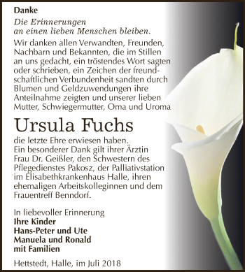Traueranzeige von Ursula Fuchs von Wochenspiegel Mansfelder Land