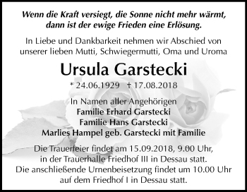 Traueranzeige von Ursula Garstecki von Mitteldeutsche Zeitung Dessau-Roßlau