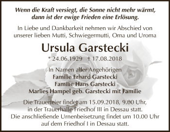 Traueranzeige von Ursula Garstecki von WVG - Wochenspiegel Dessau / Köthen
