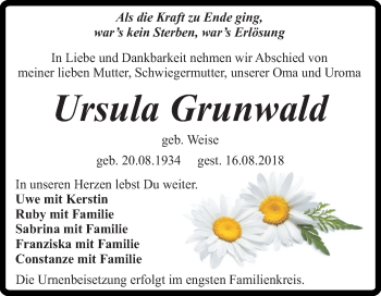 Traueranzeige von Ursula Grunwald von Mitteldeutsche Zeitung Quedlinburg