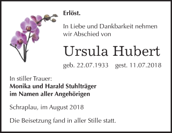 Traueranzeige von Ursula Hubert von Mitteldeutsche Zeitung Merseburg/Querfurt