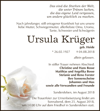 Traueranzeige von Ursula Krüger von Wochenspiegel Mansfelder Land