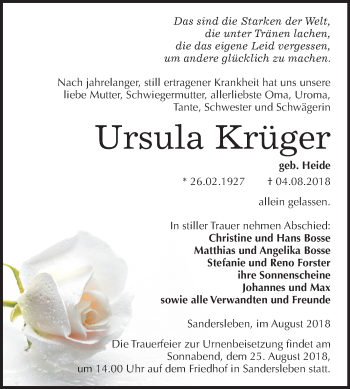 Traueranzeige von Ursula Krüger von Mitteldeutsche Zeitung