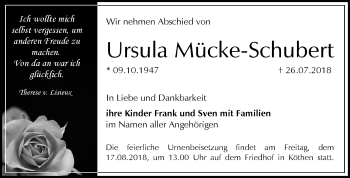 Traueranzeige von Ursula Mücke-Schubert von Mitteldeutsche Zeitung Köthen