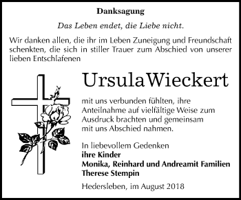 Traueranzeige von Ursula Wieckert von Mitteldeutsche Zeitung Quedlinburg