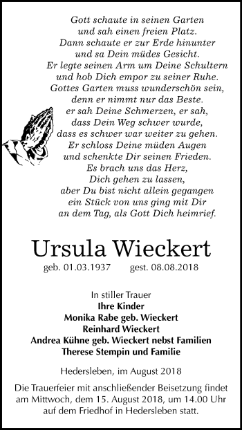 Traueranzeige von Ursula Wieckert von Mitteldeutsche Zeitung Quedlinburg