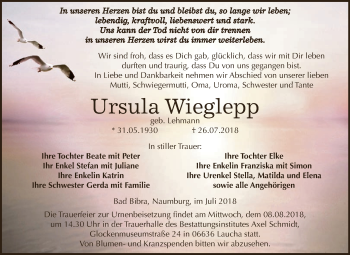 Traueranzeige von Ursula Wieglepp von WVG - Wochenspiegel NMB / WSF / ZTZ