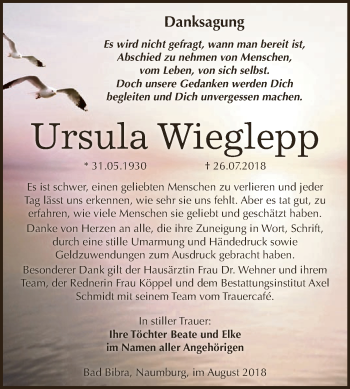 Traueranzeige von Ursula Wieglepp von WVG - Wochenspiegel NMB / WSF / ZTZ