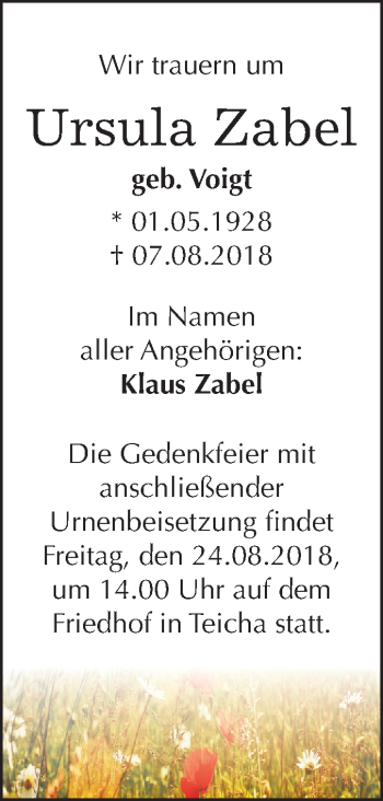 Traueranzeige von Ursula Zabel von Mitteldeutsche Zeitung Halle/Saalkreis