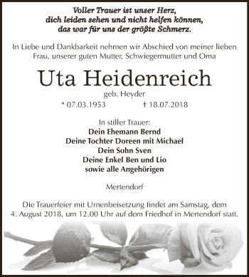 Traueranzeige von Uta Heidenreich von WVG - Wochenspiegel NMB / WSF / ZTZ