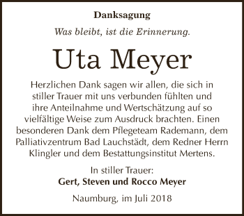 Traueranzeige von Uta Meyer von WVG - Wochenspiegel NMB / WSF / ZTZ