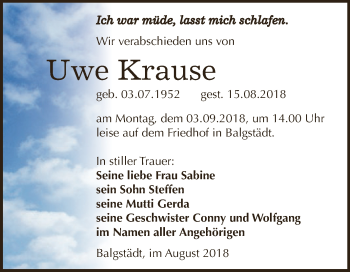 Traueranzeige von Uwe Krause von WVG - Wochenspiegel NMB / WSF / ZTZ