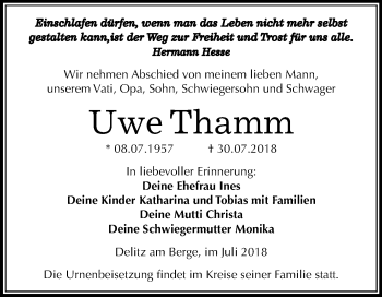Traueranzeige von Uwe Thamm von Mitteldeutsche Zeitung Merseburg/Querfurt