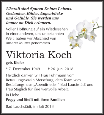 Traueranzeige von Viktoria Koch von Mitteldeutsche Zeitung Merseburg/Querfurt