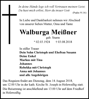 Traueranzeige von Walburga Meißner von Mitteldeutsche Zeitung Bitterfeld