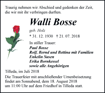 Traueranzeige von Walli Bosse von Mitteldeutsche Zeitung Sangerhausen