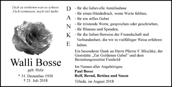 Traueranzeige von Walli Bosse von Mitteldeutsche Zeitung Sangerhausen