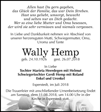 Traueranzeige von Wally Hemp von Mitteldeutsche Zeitung