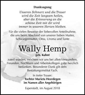 Traueranzeige von Wally Hemp von Mitteldeutsche Zeitung Merseburg/Querfurt