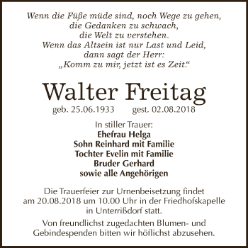 Traueranzeige von Walter Freitag von Wochenspiegel Mansfelder Land