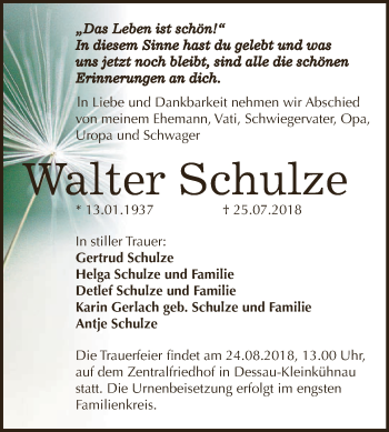 Traueranzeige von Walter Schulze von WVG - Wochenspiegel Dessau / Köthen