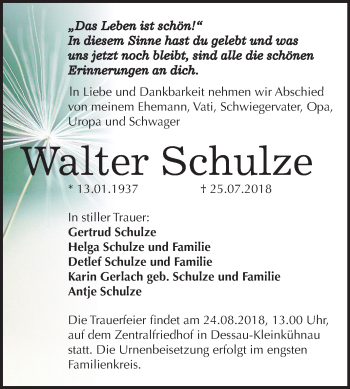 Traueranzeige von Walter Schulze von Mitteldeutsche Zeitung Dessau-Roßlau