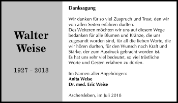 Traueranzeige von Walter Weise von Mitteldeutsche Zeitung Aschersleben
