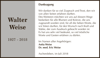 Traueranzeige von Walter Weise von Super Sonntag Aschersleben